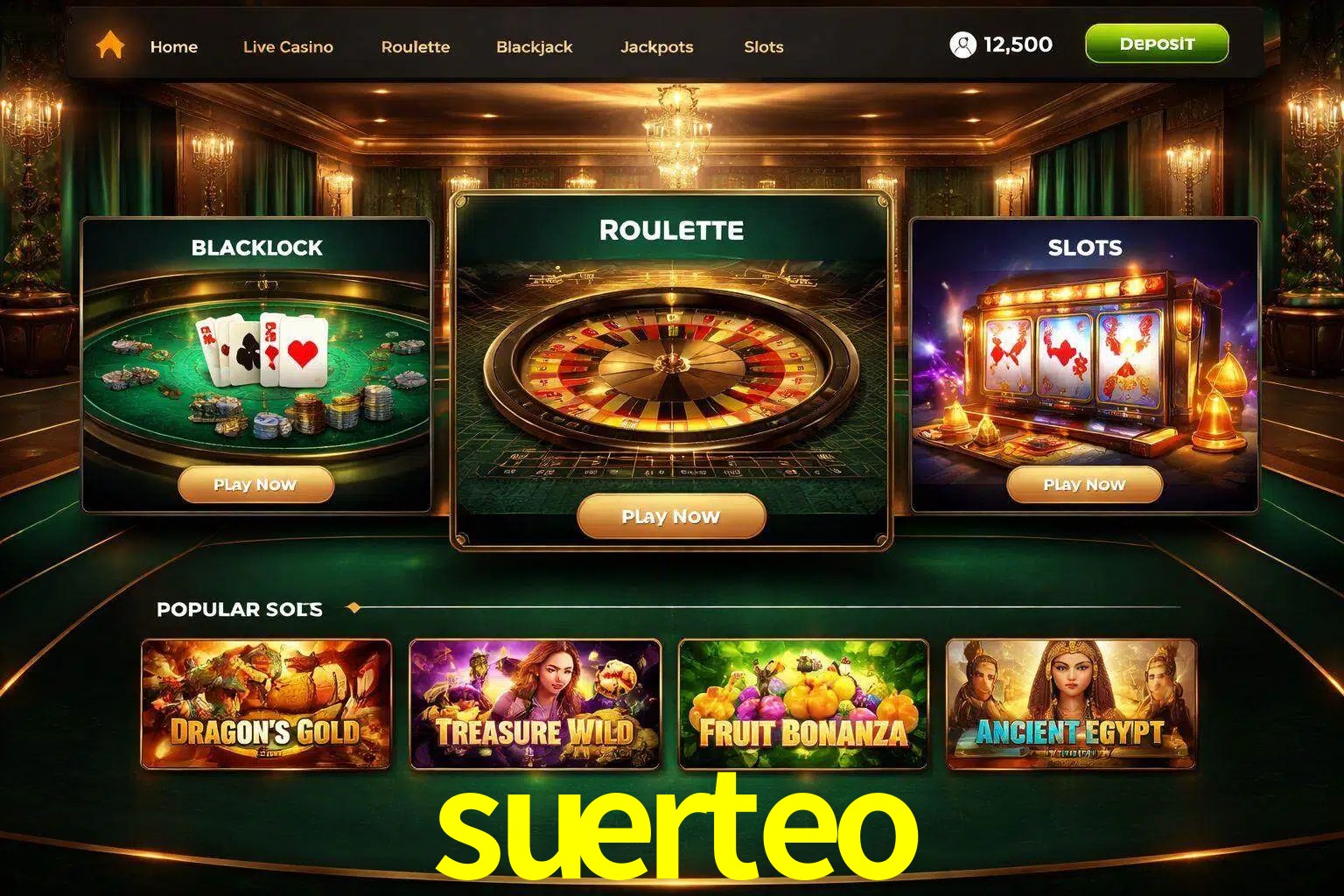Vista de la plataforma suerteo Casino mostrando categorías organizadas de juegos en línea
