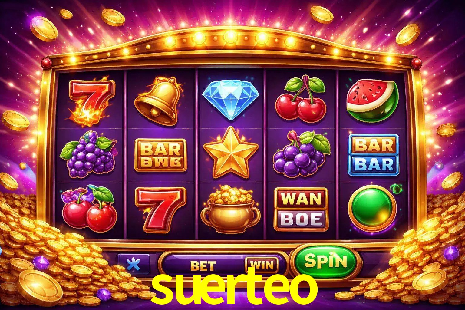 Una interfaz colorida de tragamonedas en línea con símbolos brillantes, monedas y un efecto de victoria celebratoria en suerteo.